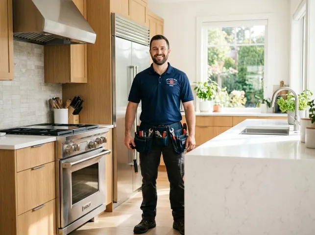 Appliance Repair Hero technician in a Bahama, NC kitchen after an appliance repair